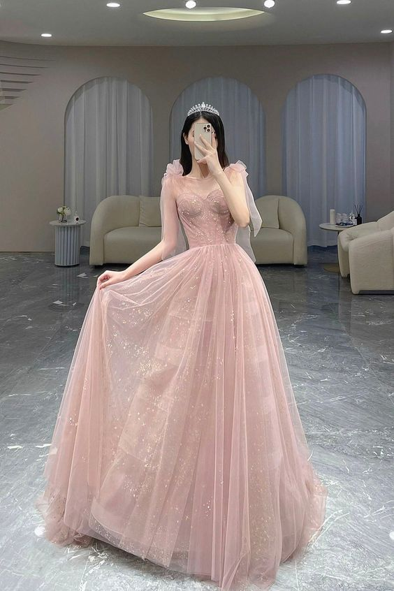 Pink A Line Tulle Long Prom Dress Cute Pink Graduation Dress Y7009 Simplepromdress