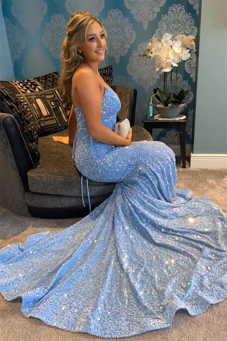 Light Blue V Neck Mermaid Sequins Fitted Prom Dress Y6162 – Simplepromdress