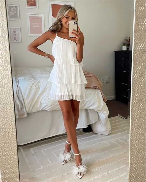 White Pleated One shoulder Graduation Dress White Short Homecoming