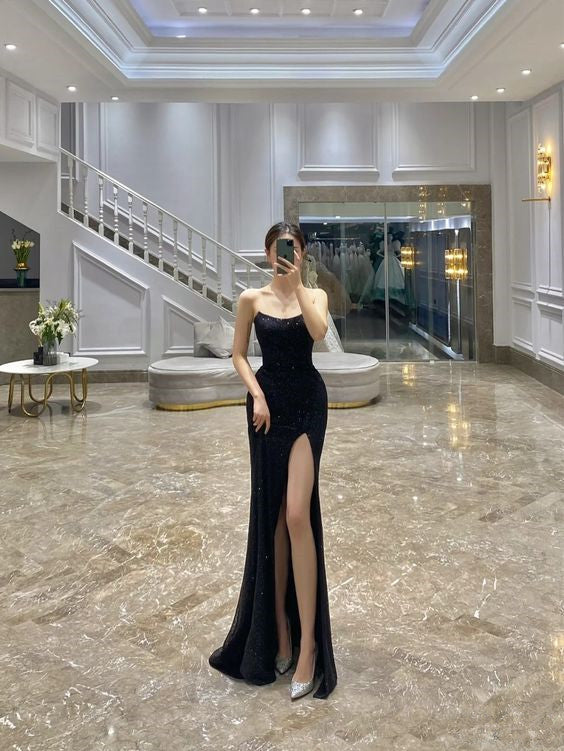 Black Halter Two Piece Side Slit Formal Gown Prom Dress With