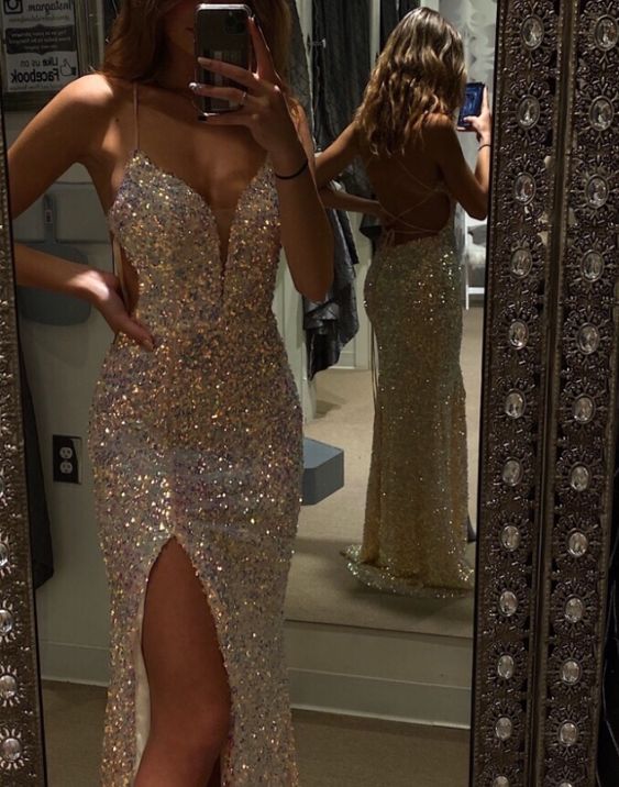 Gold Open Leg Prom Dresses