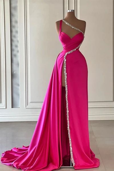 Gorgeous One Shoulder Satin Beaded Long Prom Dress Slit Evening Dress Y7692