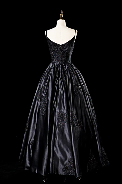 Sexy Satin Spaghetti Strap Black Wedding Gown A Line Party Evening Dress Formal Prom Dress Y7545