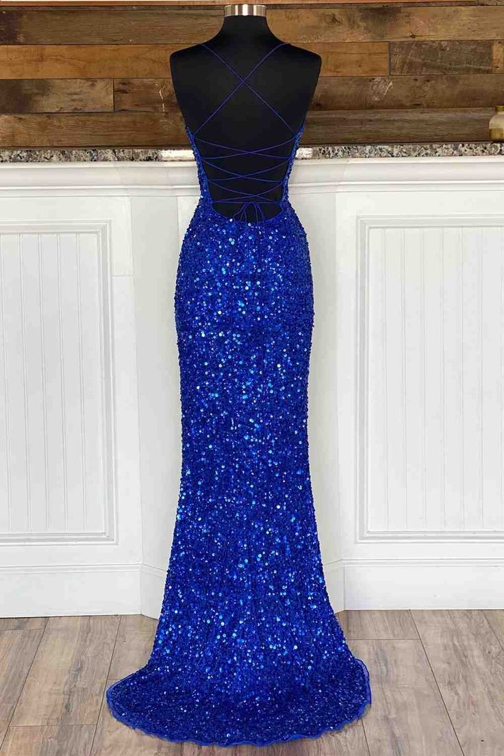 Royal Blue Lace-Up High Slit Glitter Long Prom Dress Y5733