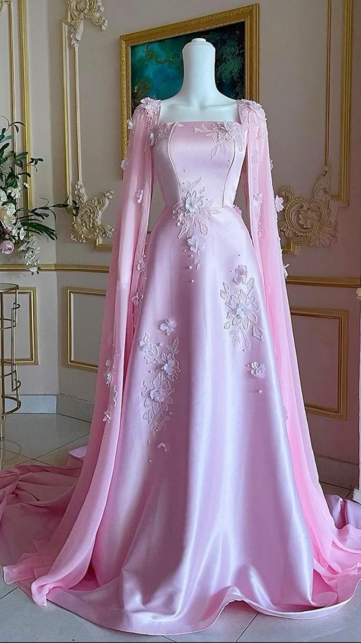 Luxury Pink Satin Long A Line Evening Dress Pretty Appliques Prom Dress  Y7591