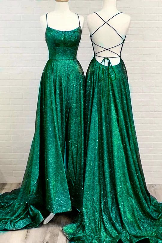 Shiny Green Scoop Neckline Long Prom Dress,Green Graduation Dress Y4472