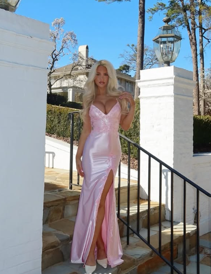 Pink Satin Appliques Mermaid Prom Dress,Long Slit Evening Gown Y8263