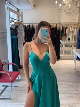 Classic A-line Spaghetti Straps Green Satin Prom Dress,Graduation Dress Y1701