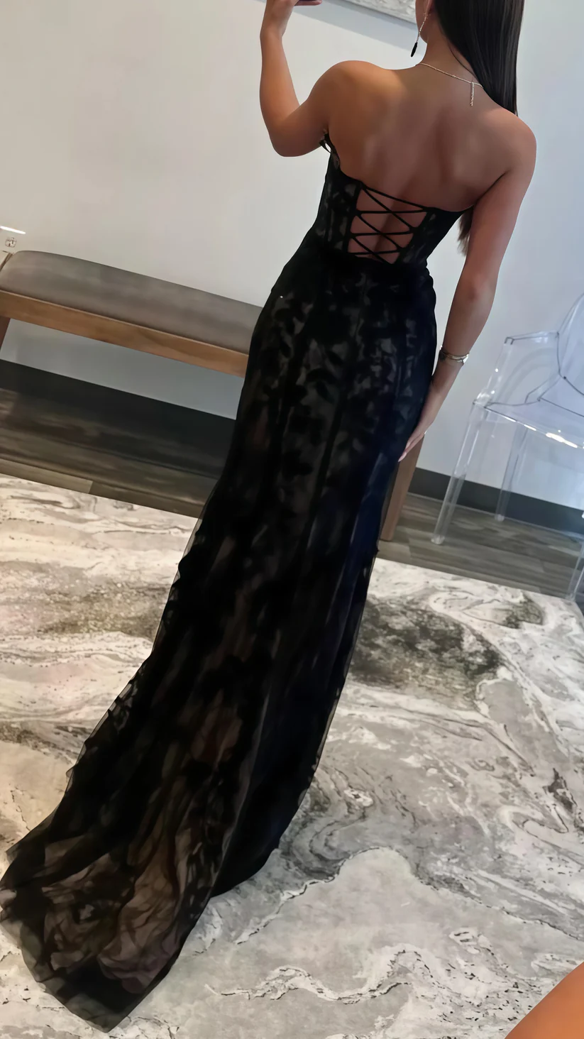 Black Evening Dress, Sexy Strapless Sweetheart Lace Slit Mermaid Prom Dress Y8017