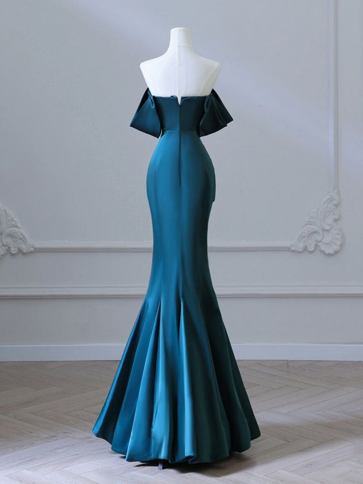 Simple Off Shoulder Satin Ink Blue Long Prom Dress, Ink Blue Long Formal Dress Y7348