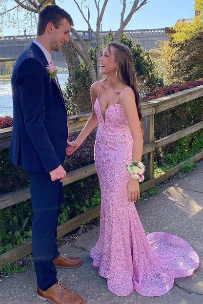 Pink Sequin Plunge V Mermaid Long Prom Dress Y5435