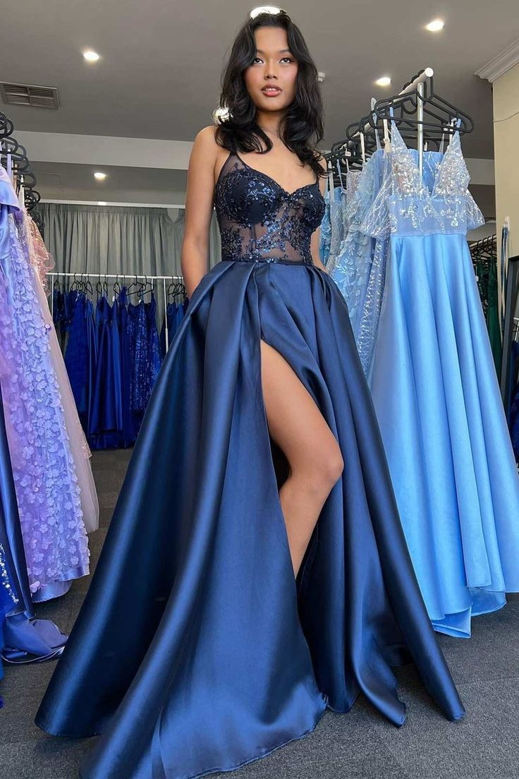 Navy prom best sale dress with slit