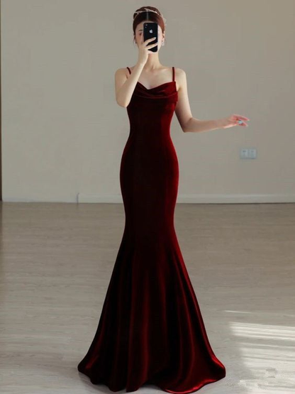 Elegant Red Velvet mermaid Evening Dress Long Prom Dress Y7824