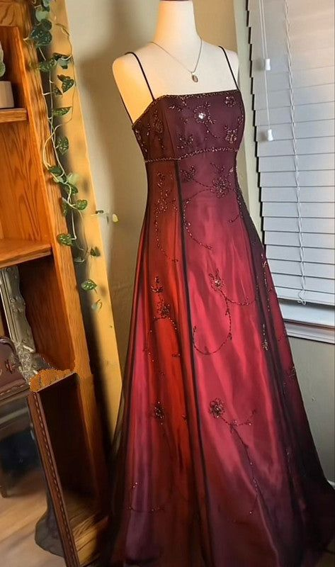 Vintage Burgundy Tulle Beaded A Line Prom Dress Evening Dress Y7684