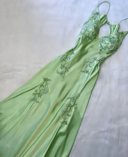 Fashion Mint Green Spaghetti Straps Lace Beaded Prom Dress Evening Party Gown Y7530