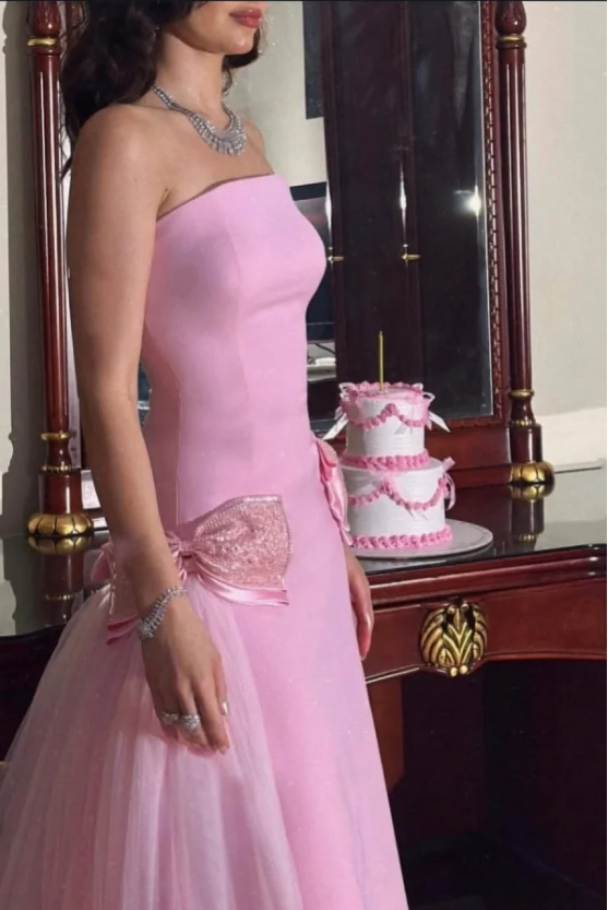 Sweet Pink Strapless Bow-Knot Long Prom Dress,Tulle Satin Evening Dress Y8053