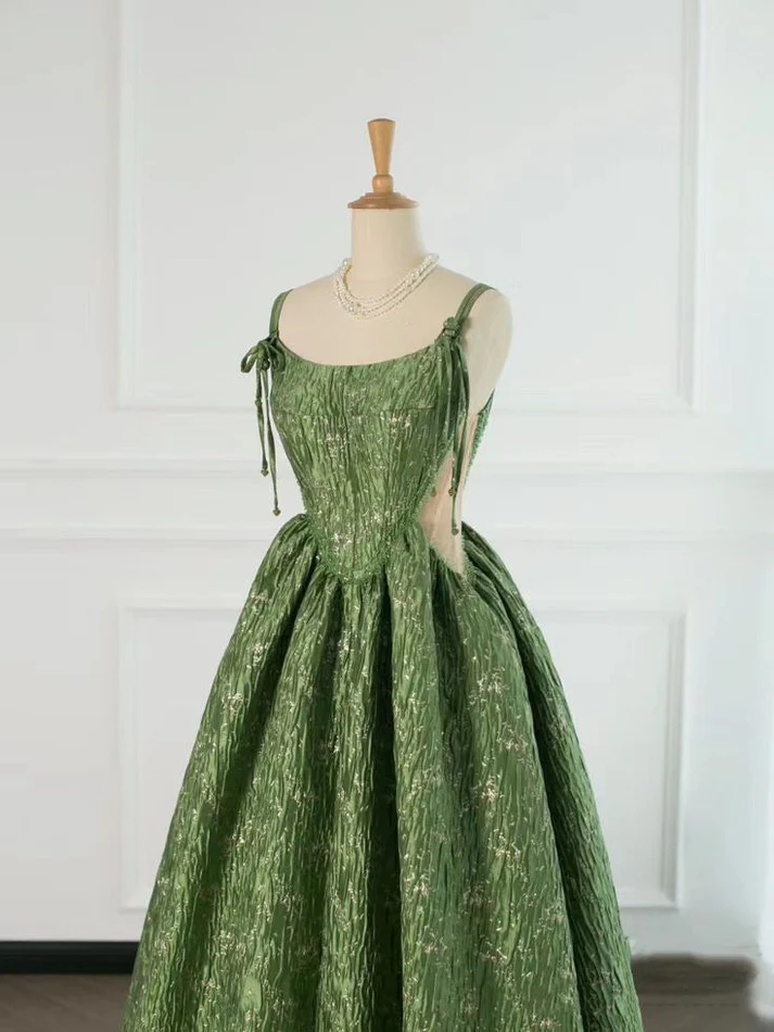 Vintage Green Evening Gown Spaghetti Straps A Line Prom Party Dress Brithday Ball Gown Y7567