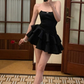 Chic Strapless Black Satin Short Prom Dress, Layered Homecoming Dress Graduation Dress Y7622