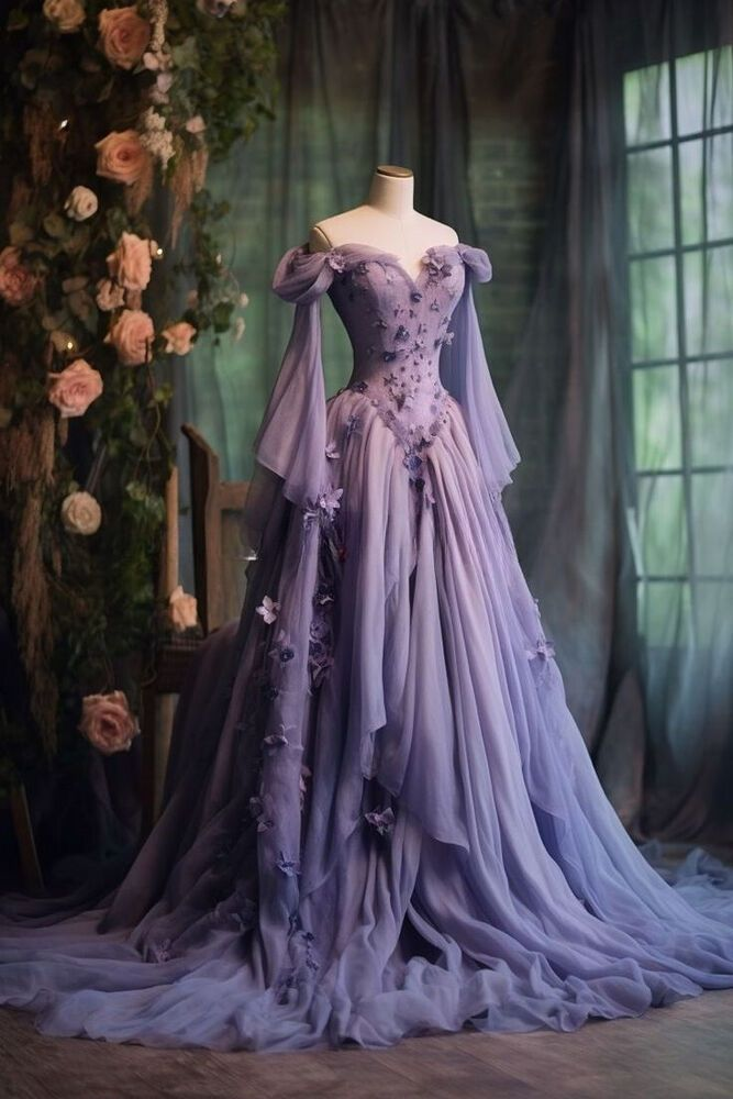 Purple Tulle Prom Dress One Shoulder Fairy Long Sleeve 3D Floral Appliques Evening Dress Y7605