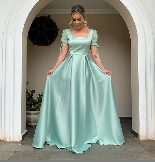 Modest A-line Square Neck Puff Sleeve Long Prom Dress,Wedding Guest Outfit  Y4794