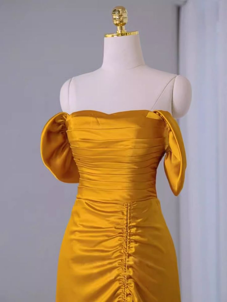 Sheath Off The Shoulder Yellow Pleated Prom Dress Slit Evening Dress Y7598