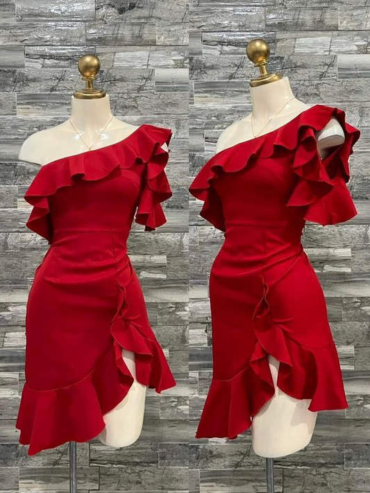 Pretty One Shoulder Red Homecoming Dress Short Mini Birthday Dress  Y7635