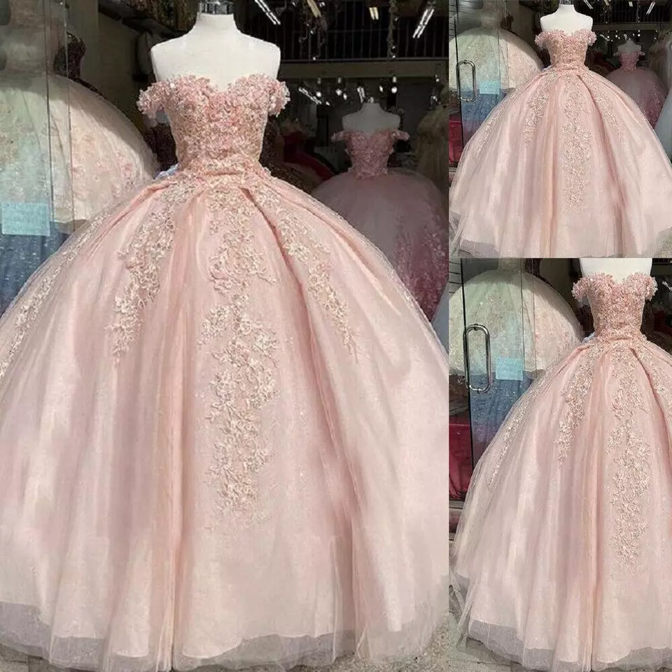 Off The Shoulder Pink Quinceanera Dresses Lace Applique Sweet 16 Dress Ball Gown Y395