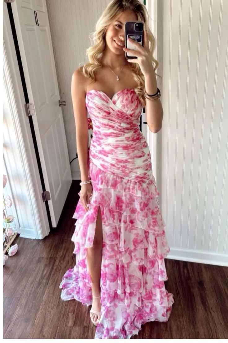 Pretty Strapless Chiffon Print Floral Layered Evening Dress Slit Prom Dress Y7881