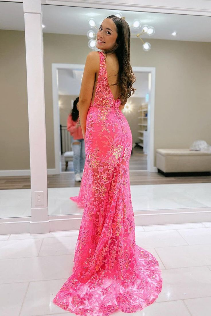 Pink Mermaid V Neck Sequin Lace Long Prom Dress Y6103