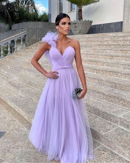 A-line Tulle Purple Long Prom Dress , Unique Formal Party Dress Y5615