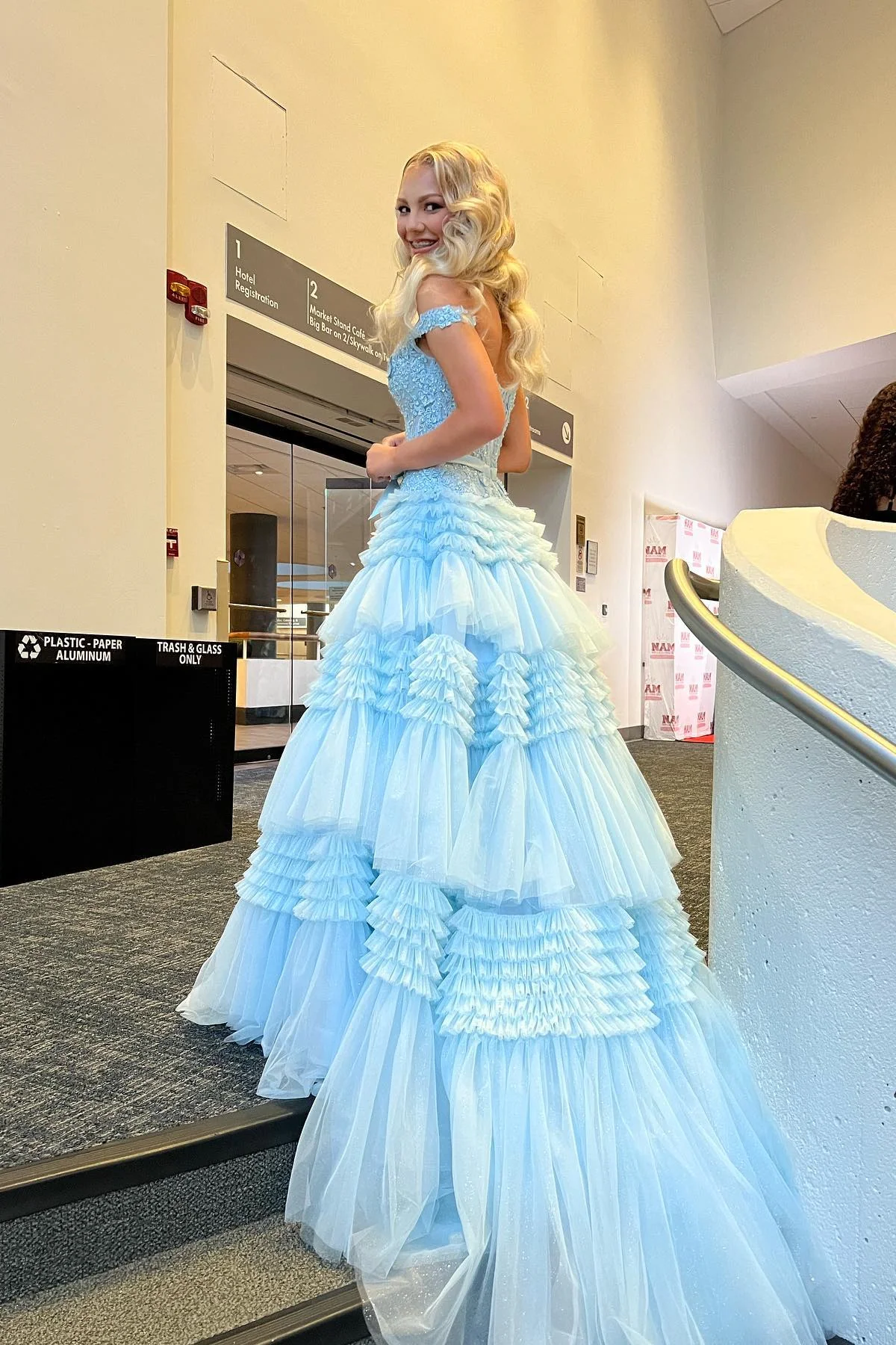 Pink Tulle Lace Off-the-Shoulder Ruffles Tiered Long Prom Dress Y4674