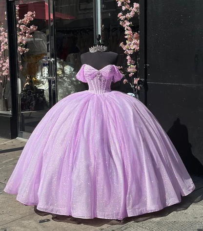 Glitter Off The Shoulder Lilac Tulle Beaded Ball Gown Quinceanera Dress  Y7463