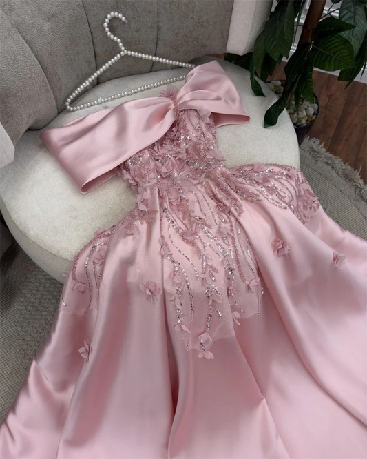 Classy Pink off The Shoulder Appliques Sequins Evening Dress Long A Line Prom Dress Y7638