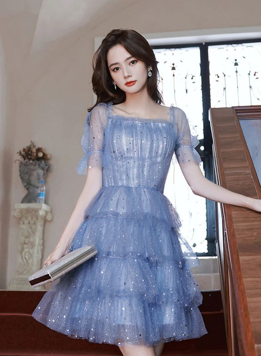 Blue Short Layers Tulle Formal Dress, Blue Off Shoulder Homecoming Dress Party Dress  Y1975