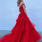 Pink Tulle Lace Off-the-Shoulder Ruffles Tiered Long Prom Dress Y4674