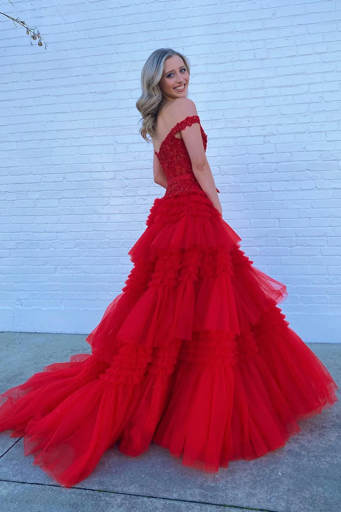 Pink Tulle Lace Off-the-Shoulder Ruffles Tiered Long Prom Dress Y4674