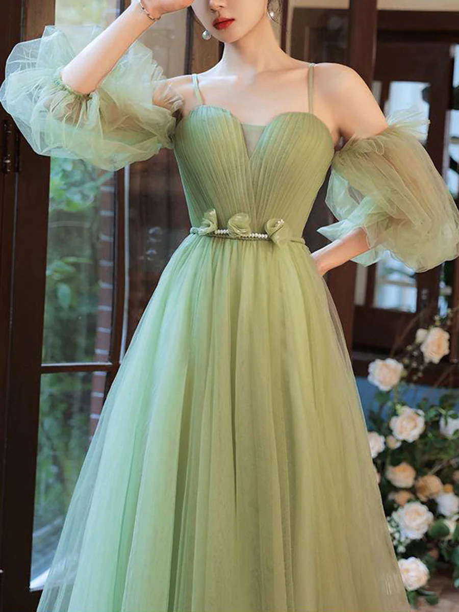 Simple A line Green Long Prom Dress, Green Tulle Bridesmaid Dress Y6986