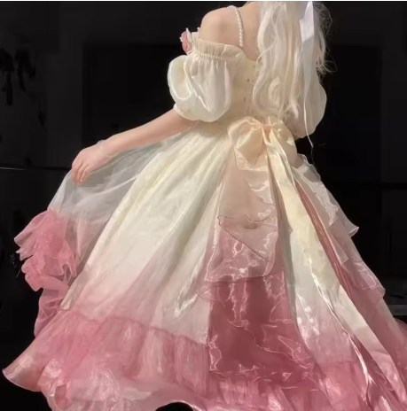 Roses Flowers Masquerade Prom Dress Champagne Pink Gradient Floral Wedding Dress Vintage Princess Dress with Pearls Y2401