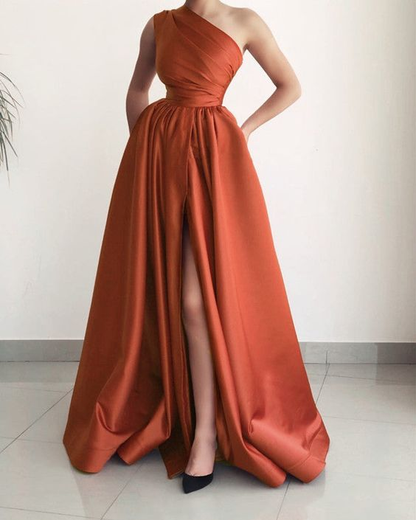 One Shoulder Evening Dresses Satin Split Formal Party Gown with Split Y5494