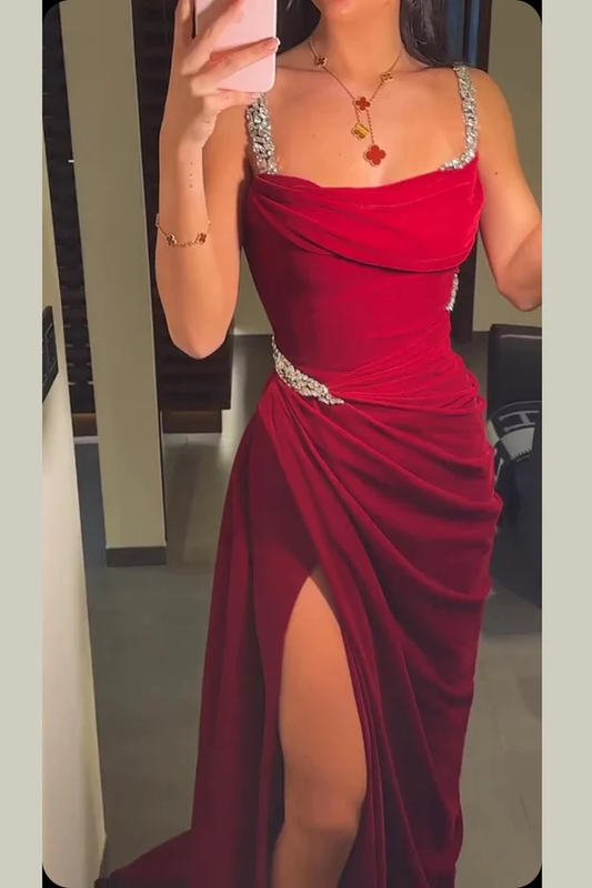 Vintage Burgundy Spaghetti Straps Beaded Mermaid Formal Evening Dress Prom Dress Y7688