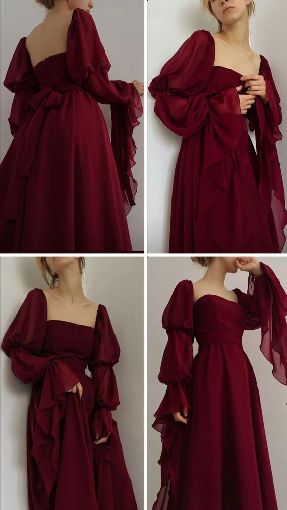 Vintage Romantic A-Line Burgundy Prom Dress Evening Dress Y7583