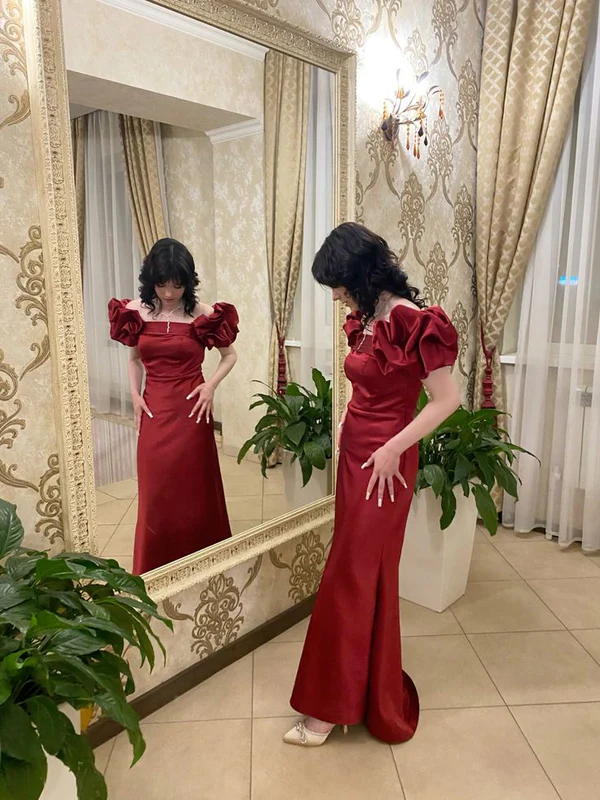 Elegant Red Puff Sleeves Satin Ball Gown Long Prom Evening Dress Y7603