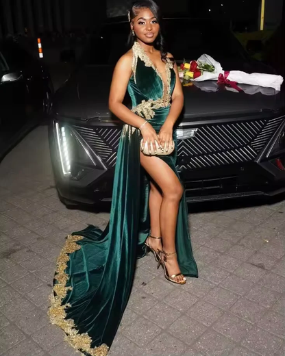 Sexy Green Velvet Prom Evening Dress,Gold Applique Beaded Slit Black Girl Birthday Gown Y8122