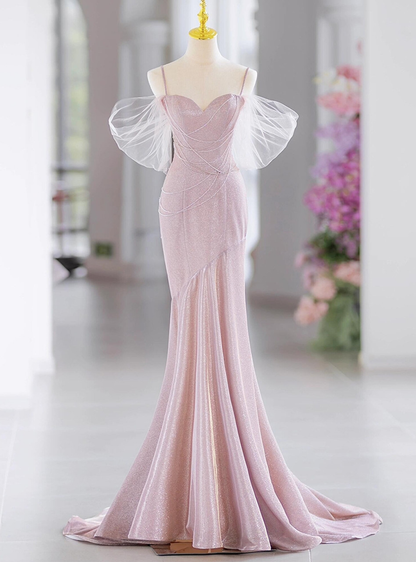 Elegant Pink Mermaid Spaghetti Straps Beading Prom Evening Dress Y7615