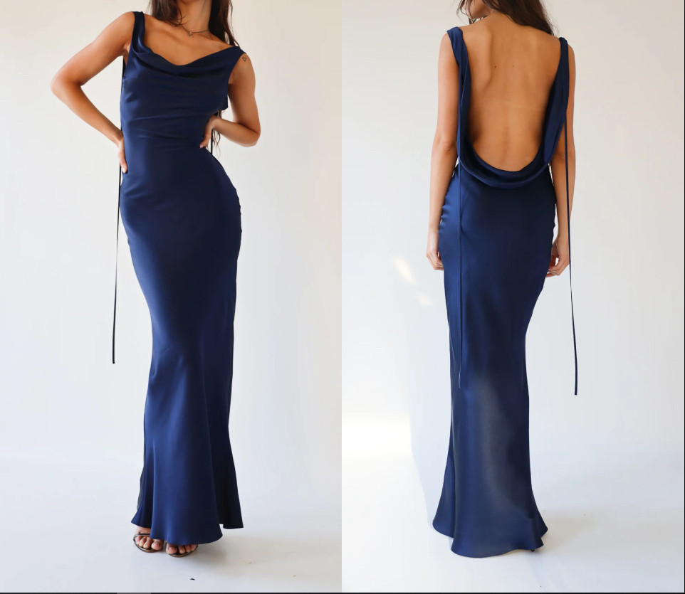 Women Satin Lace Up Backless Long Dress Elegant Bodycon Prom Dresses Y4624