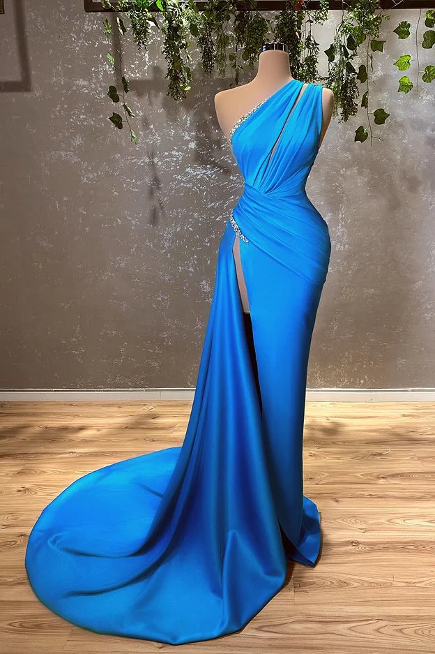 Sexy Blue One Shoulder Split Mermaid Prom Dress With Beads Y4354