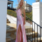 Pink Satin Appliques Mermaid Prom Dress,Long Slit Evening Gown Y8263