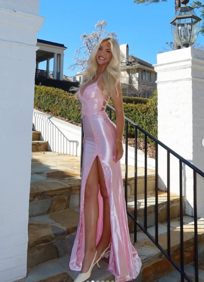 Pink Satin Appliques Mermaid Prom Dress,Long Slit Evening Gown Y8263