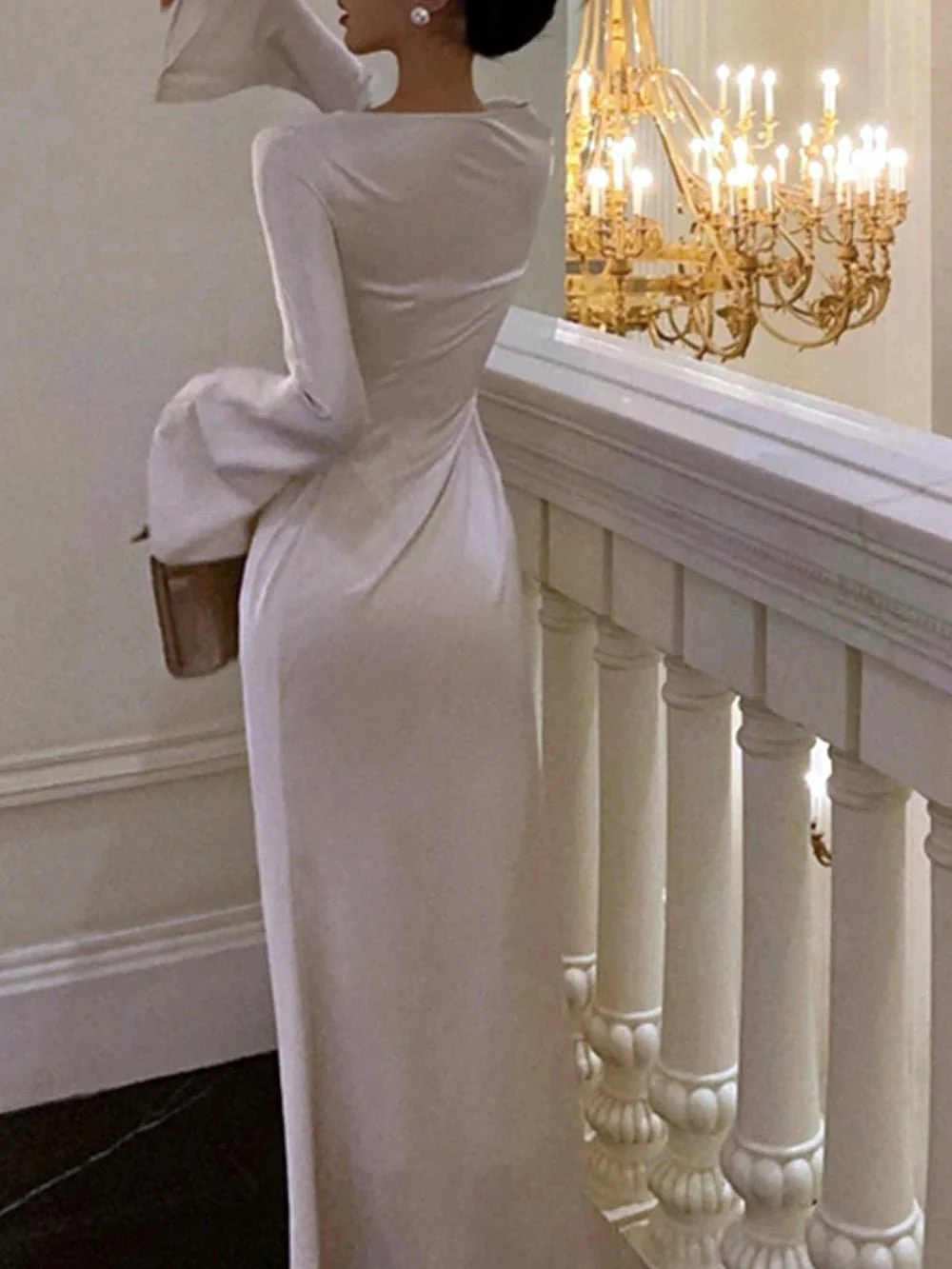 Women's O-Neck Satin Evening Dress,Simple White Cocktail Dress Y6894