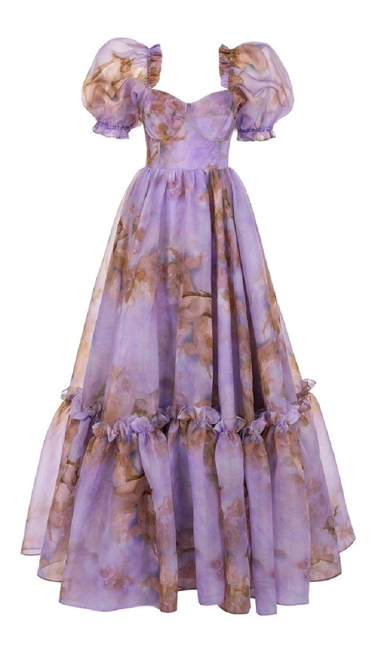 Purple Printed Backless Puff Sleeves Prom Dress Fairy Dress Y2676